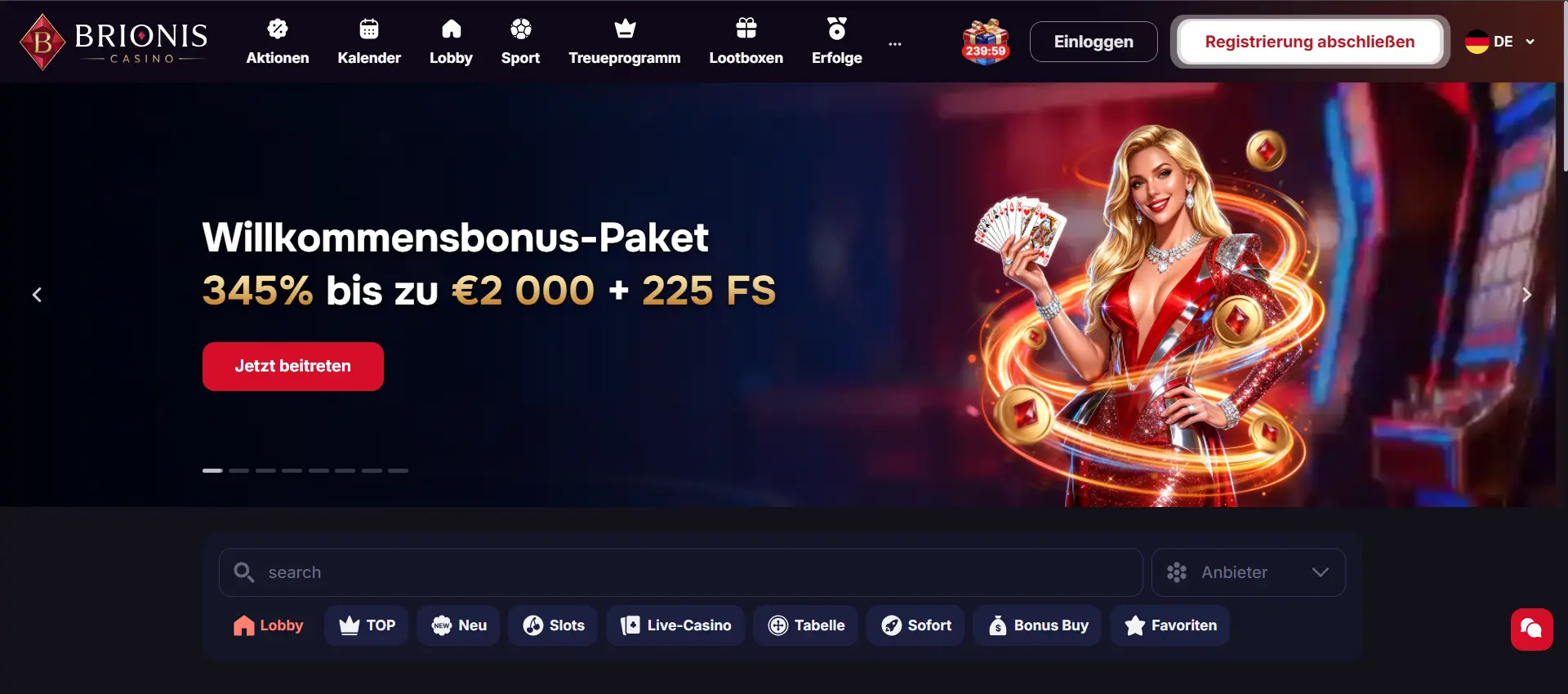 Screenshot der Brionis Casino Lobby